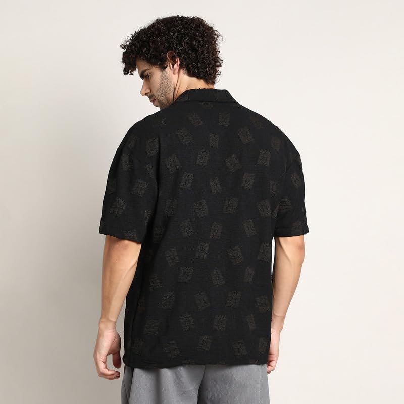 Image of CAHOOT Men's Oversized Shirt for Casual Wear | Cuban Collar | Short Regular Sleeves | Button Closure | Oversized Shirt Crafted with Comfort Fit for Everyday Wear