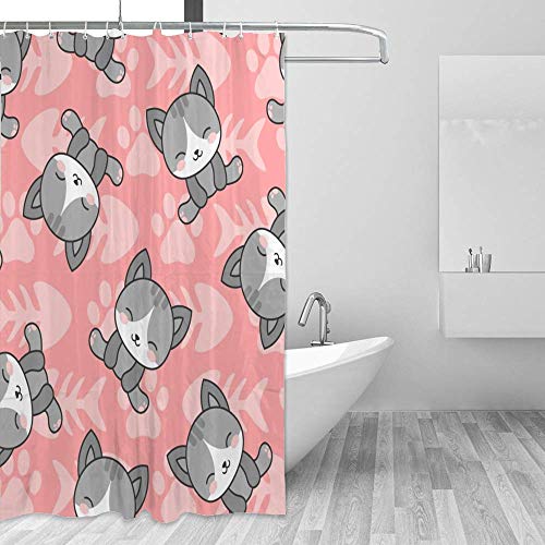 Rideau de douche polyester rose lavable avec 12 crochets motif pattes de chat dessin animé 168x183