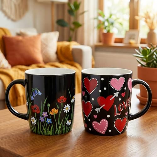 Image of Geiserailie Mug Painting Kit for Adults, Paint Your Own Ceramic Mug DIY Set with 2 Mugs, 12 Acrylic Paints, 3 Brushes & Palette Creative Gift for Graduation Mother's Day Birthday Party(Simple Black)