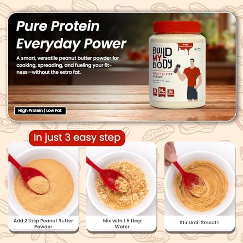 Image of Build My Body | BMB - Pure Peanut Butter Powder | 54g Protein | Makes 900g Peanut Butter Spread | Unsweetened | Unsalted | 100% Natural | 1 /3 Calories | 4x Less Fat | Ideal for Smoothies, Spreads, Baking & Fitness Diets | 410g