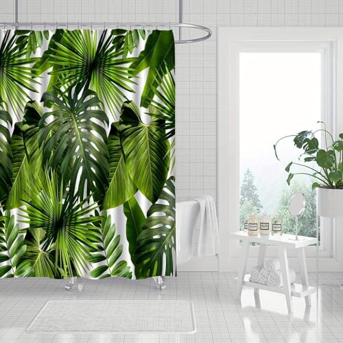 Rideau de douche textile grand format a motif exotique de palmier