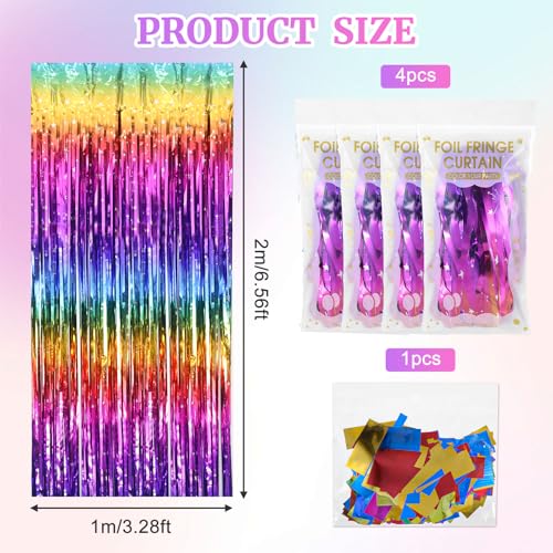 4 Stück Lametta Vorhang Bunt mit Konfetti – Glänzender Glitzer Vorhang für Party, Geburtstag, Hochzeit, Regenbogen Deko, Fasching & Karneval Deko – 1m x 2m Folienfransen Vorhang für Fotohintergrund