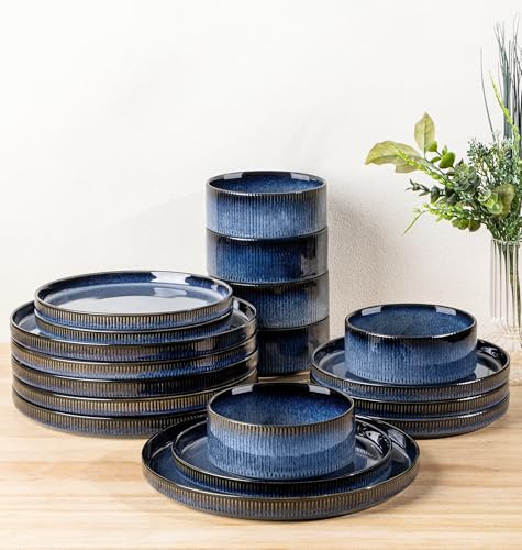 Image of TheTerra Ceramic Dinnerware Sets for 6, 18 Pieces Porcelain Lightweight Plates and Bowls Sets, Scratch Resistant Dish Set, Oven & Microwave & Dishwasher Safe, Starry Blue