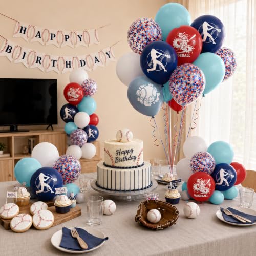 Image of Baseball Balloons for Birthday Party Decor, 12 inch Navy Blue Red White Balloon | Dusty Light Blue Red Baseball Print and Confetti Balloons for Boys Baseball Birthday Baby Shower Sport Team Party Decorations