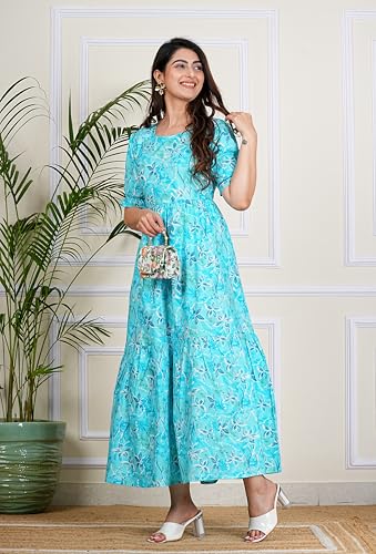 Image of Monique Brand Women's /Girls Cotton Kurta for Women Floral Printed Regular Fit Anarkali Kurta ||Floral Flared Western Dress