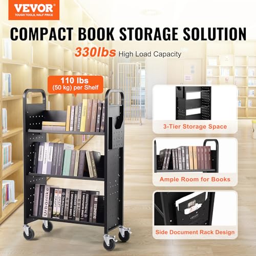 Image of VEVOR Book Cart, 330 lbs Library Cart, 31.1 inch x 15.2 inch x 49.2 inch Rolling Book Cart, Single Sided V-Shaped Sloped Shelves with 4-Inch Lockable Wheels for Home Shelves Office and School, Book Truck in Black
