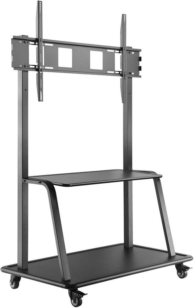 Displays2go TV Cart w/Wheels for 60" - 105" Screens, Height Adjustable, Locking Casters, Shelves - Black (TVLM330)