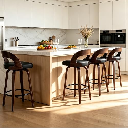 Image of Swivel Bar Stools Set of 4, 26 inch Counter Height Bar Stools with Curved Backrest, Mid-Century Modern PU Fabric Modern Island Chairs with Footrest, for Kitchen, Bar, Restaurant, Cafe, Black