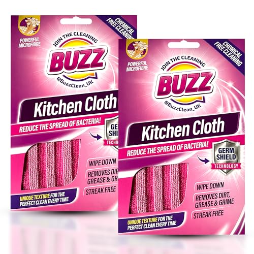 Buzz 2pk Kitchen Microfibre Cloths with Germ Shield, Dish Clothes for Washing Up, Durable & Absorbent, Removes Dirt, Grease and Grime, Reusable and Machine Washable, Ideal for All Around Cleaning