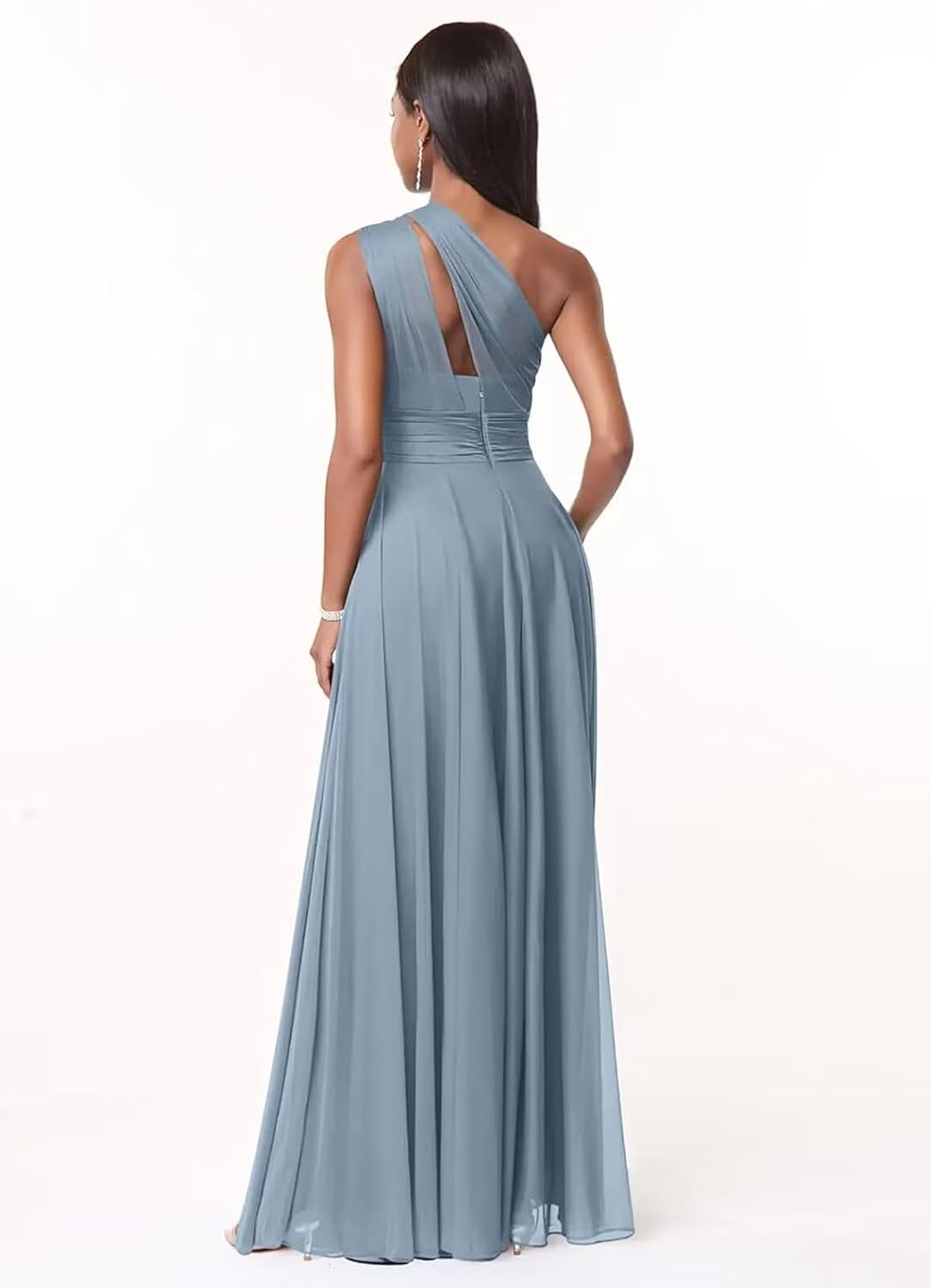 One Shoulder Bridesmaid Dresses for Women Pleated Chiffon Formal Dresses A Line Long Evening Gowns with Pockets