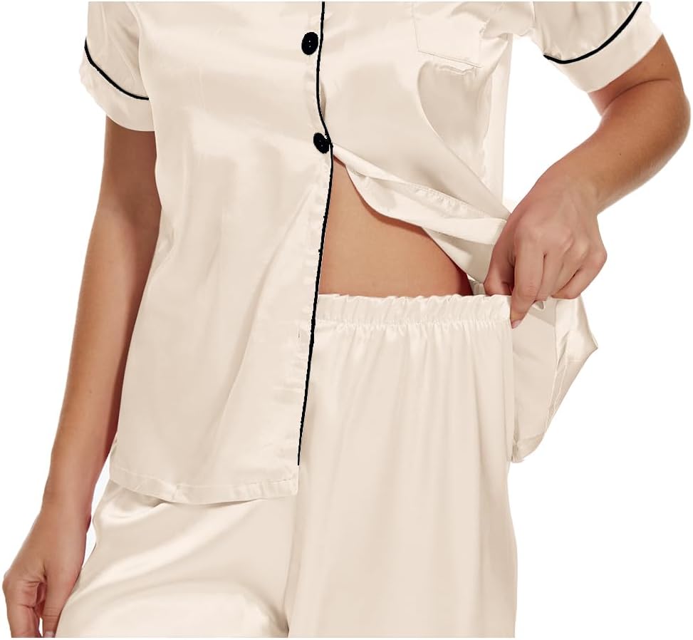 VENTELAN Womens Silk Satin Pajama Sets Short Sleeve Button Down Top and Long Pants 2 Piece Pjs Set Soft Sleepwear - Image 6