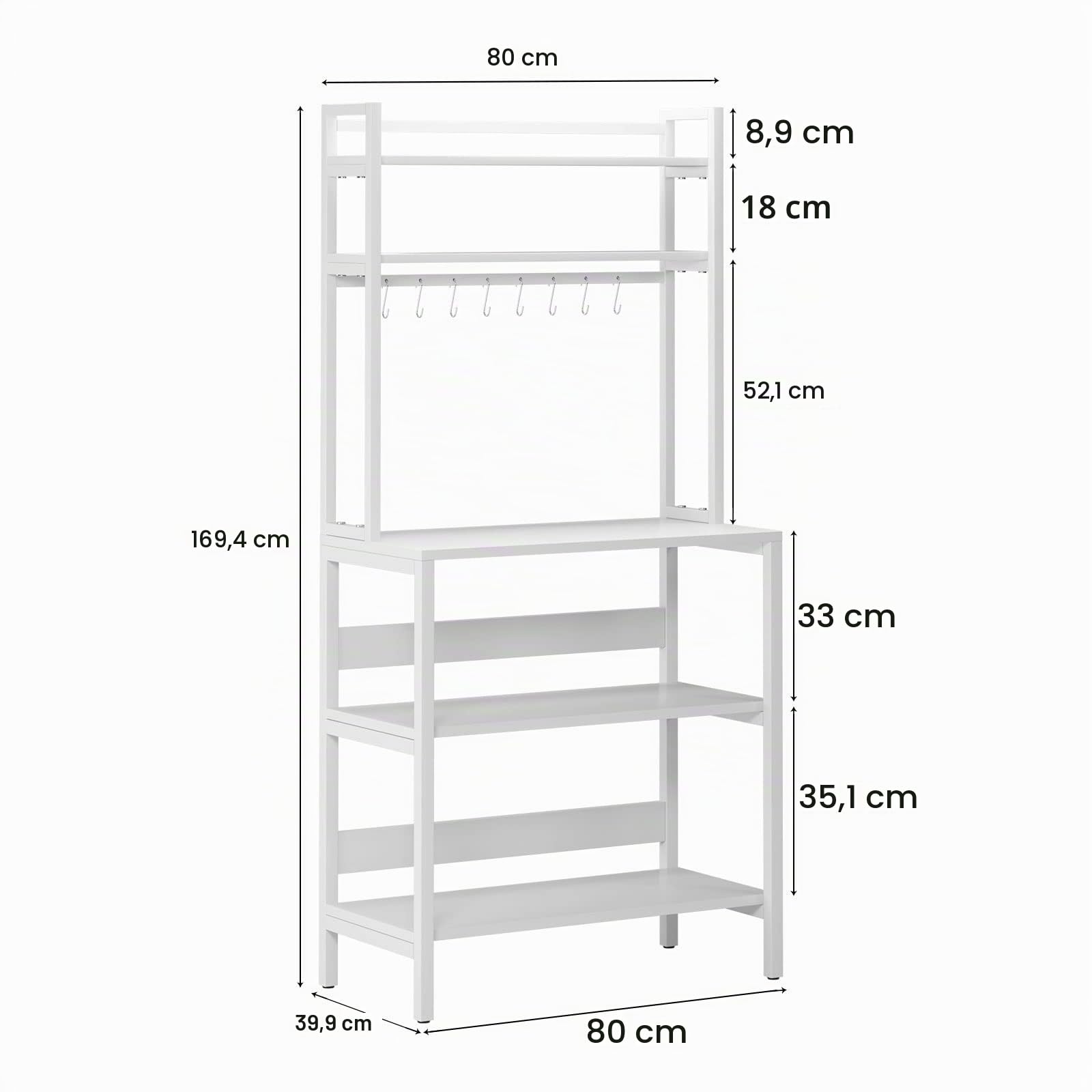 sogesfurniture Scaffale industriale a 5 ripiani per forno a microonde con ripiani bar da caffè per soggiorno, scaffale portaoggetti per ufficio a casa, 8 ganci, bianco