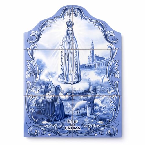 Portuguese Ceramic Tile Wall Panel – Our Lady of Fátima Arch-Top Mural | Made in Portugal | Glazed Religious Wall Art & Home Decor | 11.75" W x 17.5" H (Blue & White)