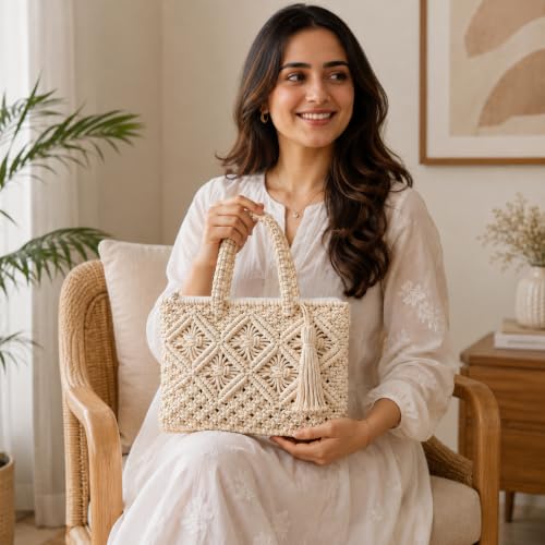 Image of Women's Handmade Macrame Crossbody Sling Bag Tote Bags Beautiful & Fancy Ladies Purse For Girls Women's Mobile Pouch Friends Gifts Birthday Marriage Party and Events,1- Piece
