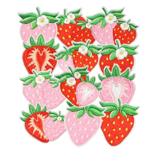 HEYTRCO 12PCS Strawberry Embroidery Patches Iron On Cute Fruit Floral Patches for Clothes Hats Bags Jackets DIY Sewing Applique Set