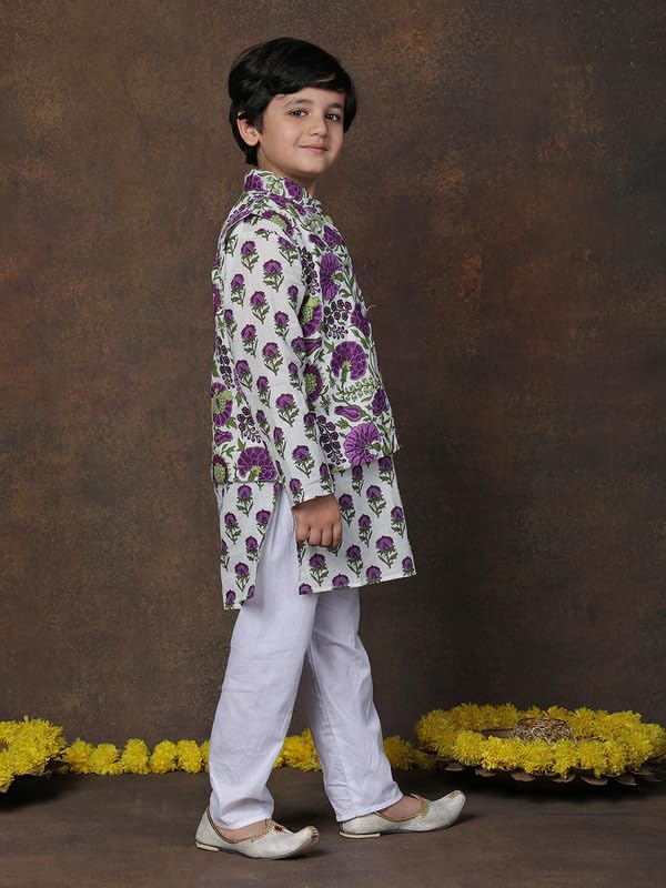 Image of superminis Boys Cotton Printed Full Sleeves Kurta With Ajrakh Printed Jacket and Pyjama Set