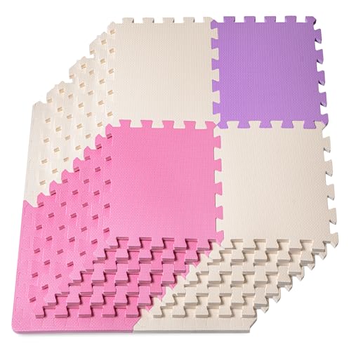 Image of ProSource Baby Play Mat, Soft Foam Floor Tiles for Kids, Interlocking EVA Panels for Playpen Use, Crawling Development Surface, Safe Non-Toxic Toddler Flooring, 32 Tiles, Pink /Purple /Beige