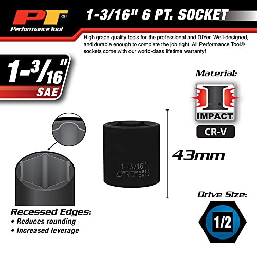 Image of Performance Tool M813 1 /2 Drive 1-3 /16 6-Point Impact Socket - Heavy-Duty Socket for High-Torque Applications and Industrial Use