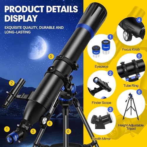 Image of Telescope, 90mm Aperture 800mm-Telescope for Adults & Kids, Professional Refractor Telescopes for Adults High Powered, Beginner-Friendly, Phone Adapter & Stable Stainless Tripod, Portable Carry Bag
