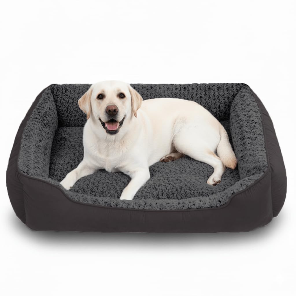 Oiilores Large Dog Sofa Bed Washable, Soft Plush Calming Beds with Non-Slip Bottom - Anti-Anxiety Rectangle Mat for Giant Dogs (90 x 70 cm, Dark Grey)