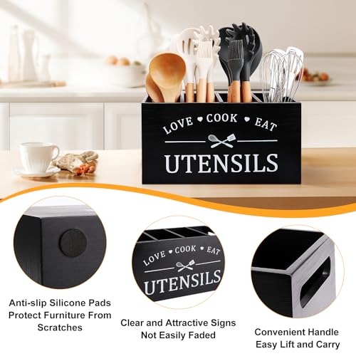 Black Farmhouse Utensil Holder for Kitchen Counter Extra Large Cooking Utensil Holder Caddy Utensils Storage Organizer for Countertop Rustic Wood Kitchen Tool Decor Utensil Crock Spatula Holder - Image 3
