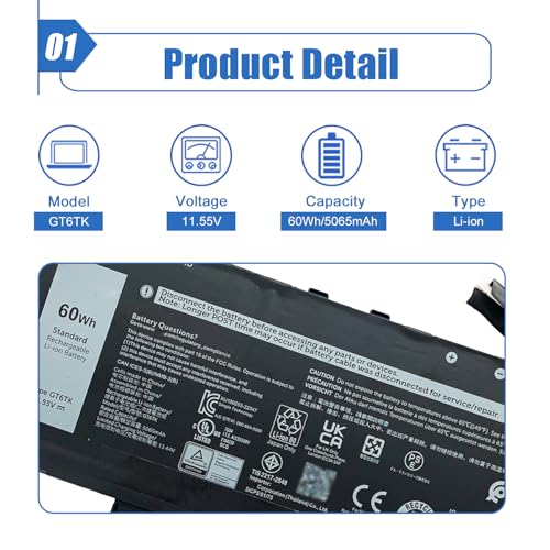 Image of 60Wh GT6TK Laptop Battery Replacement for Dell Latitude 9440 2-in-1 Latitude 9450 2-in-1 Series MWK05 K2CPY 0MWK05 0K2CPY 11.55V 5065mAh 3-Cell