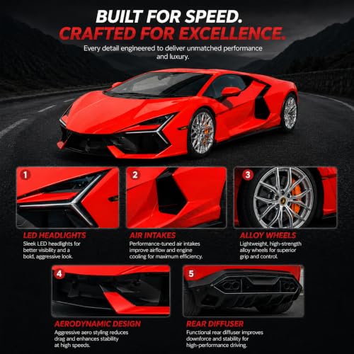 Image of Red Remote Control Car Toy | Lamborghini | Rechargeable Remote Control Car | 2.4G Remote Control | High Speed | 100m Range | LED Headlight | High Speed | Birthday Gift for Kids