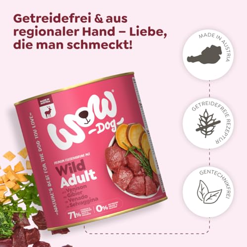 WOW Dog Hunde-Nassfutter mit Wild | Enthält Vitamine und Mineralien, ohne Getreide und Zucker | 800 g / 12er Pack