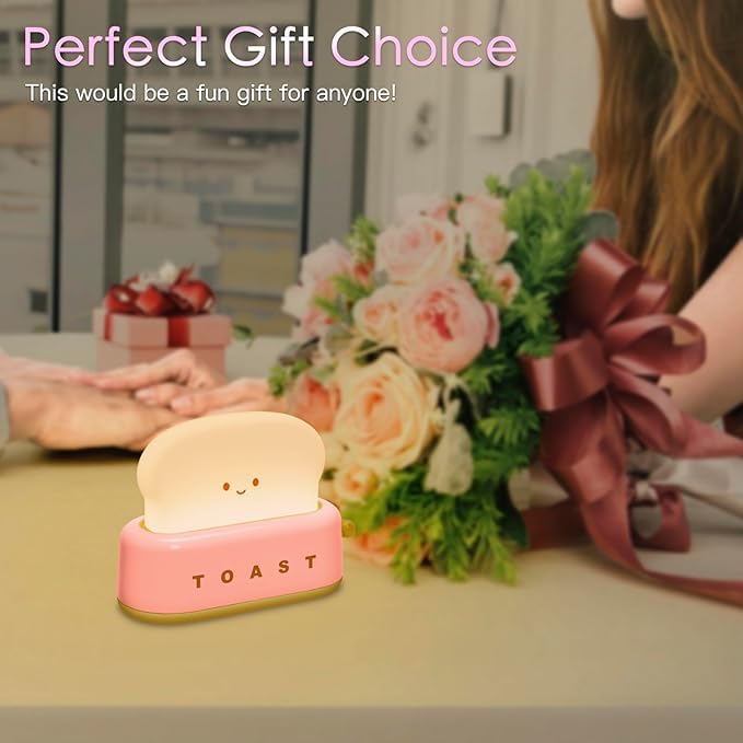 Image of One94Store Plastic Cute Toast Night Lamp for Kids | Rechargeable LED Bedside Table Light with Smile Face | Kawaii Desk Lamp for Bedroom, Nursery, Study & Gift Decor Pink