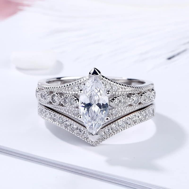 Jeulia 2PCS Wedding Ring Set for Women Sterling Silver Milgrain Marquise Cut Rings Ladies Bridal Set Jewelry for Wedding Band Engagement with Gift Box4