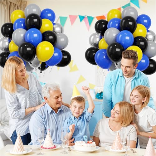 Image of Funhot Blue Yellow Grey Balloons, 60PCS Royal Blue Grey Party Balloons, 12 Inch Matt Yellow Metallic Silver Latex Balloon Helium for Boys Men Baby Shower Graduation Bat Birthday Party Decoration