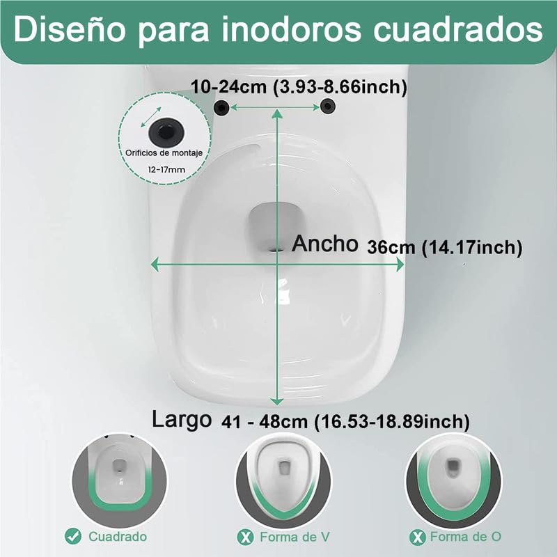 Tapa WC Cuadrada Universal, Asiento de Inodoro de Cierre Suave con Liberación Rápida para una Fácil Limpieza, Bisagras Ajustables, Tapa de Inodoro de PP, Blanco, 04B, 45x36cm
