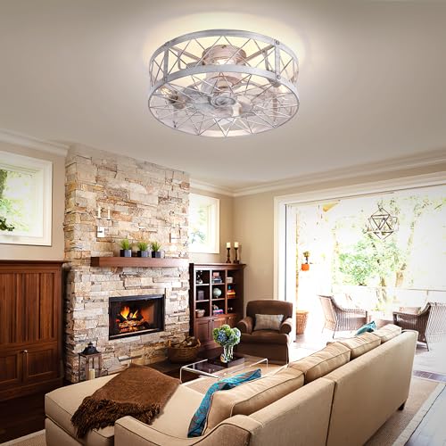 Flush Mount White Caged Ceiling Fan with Light, 20" Small Bladeless Ceiling Fan and Remote, Rustic Low Profile Ceiling Fans 4-Speed Reversible Enclosed Ceiling Fans for Bedroom Kitchen Farmhouse - Image 8