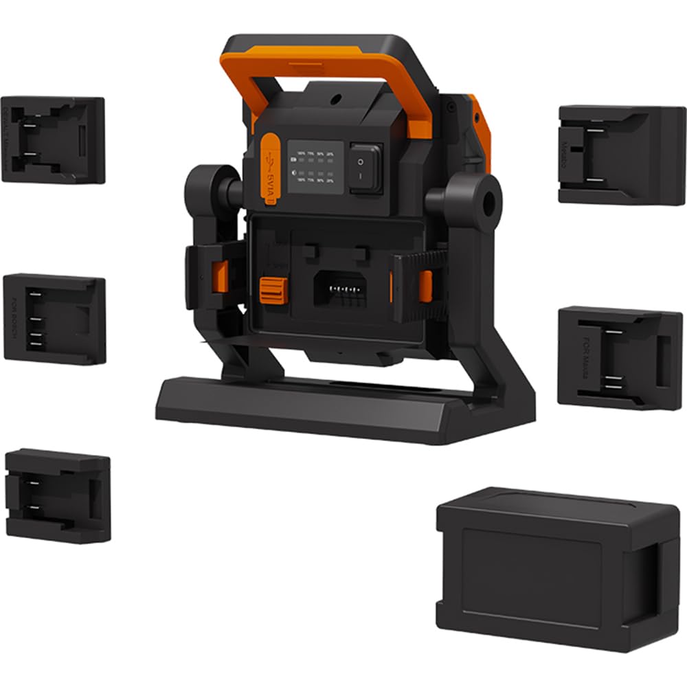 BATILEC - Baustrahler 4000 Lumen + 5 Adapter 18-20V kompatibel für Black & Decker, Bosch, Dewalt, Makita, Metabo, Milwaukee und Stanley Akku - IP65