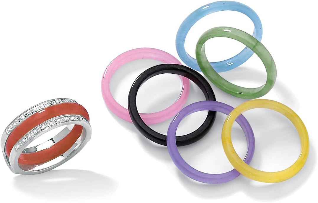PalmBeach Sterling Silver Multicolor Jade 8 Piece Interchangeable Ring Set Sizes 5-10