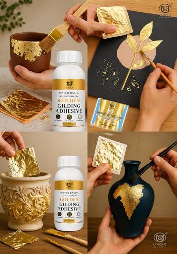 Image of UGLS Gold Leaf Sheets Art (8 x 8 cm, 100 Sheets) with 150 ml Golden Glue Gilding Adhesive | Gold Foil for Gilding, Resin Art, Mysore Painting, Arts & Crafts, DIY Crafts & Furniture Decoration