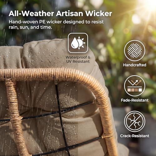 Image of NICESOUL Double Large Papasan Chair Outdoor, Oversized 2 Person Egg Rocking Chair with Cushions, 700 lbs Heavy-Duty Wicker Loveseat Recliner Glider for Outdoor & Indoor Patio, Balcony & Garden, Brown