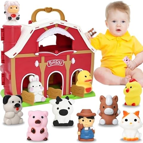 WODMAZ Big Red Barn Toys for 1 2 3 Years Old Boys Girls, Preschool Montessori Learning Toy, Pretend Farm Barn Playset with Farm Animal Finger Puppets & Farmer, Christmas Birthday Gift for Toddlers Cover