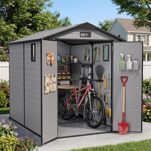 Image of WUKHG 6X8FT Resin Storage Shed with Floor and Ddrain Groove for Backyard | 14mm UV-resistant PP Panel, Top Vent, Lockable Double Door, Side Window, Transparent PC top panel, Suitable for Bike and Tool