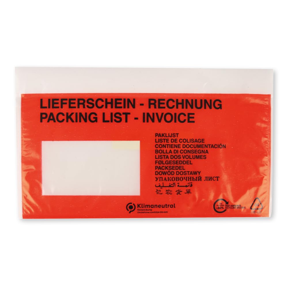 1000 Stück Franz Mensch Lieferscheintaschen DIN lang selbstklebend | LDPE, rot, 24,3 x 14,1 cm, Versandtaschen, Dokumententasche, für Lieferscheine und Begleitpapiere