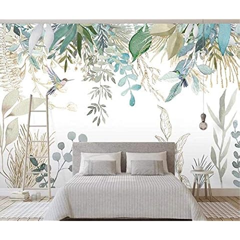 Fototapete 3D Tapete Frische Tropische Pflanzen Verlässt Blumen Und Vögel Schlafzimmer Wohnzimmer Wanddeko XXL Cover