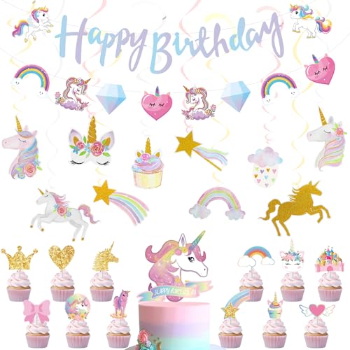 Decoracion de Cumpleaños Unicornio, Decoracion Espiral de Unicornio, Banderola Feliz Cumpleaños, Decoracion de Tarta para Fiesta Tematica