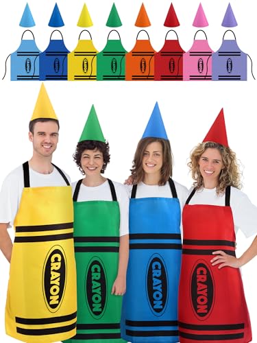 Mepase 8 Set Color Crayon Apron and Funny Gnome Cone Hats for Costume Set for Adults Fancy Dress Outfit Halloween Cosplay
