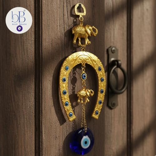 Image of BLUE BEADS Turkish Feng Shui Vastu Blue Glass Evil Eye Hanging /Door Hanging Nazar Batu for Protection and Good Luck - Perfect for Gifting Home or Office (GHODE NI NAL - Gold)