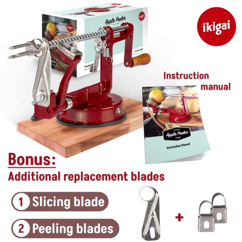 Ikigai Apple Peeler - Apple Peeler Slicer Corer - Heavy Duty Apple Pealer With Suction Base - Spiral Cutter Machine - Including 3 Replacement Blades #TOP5