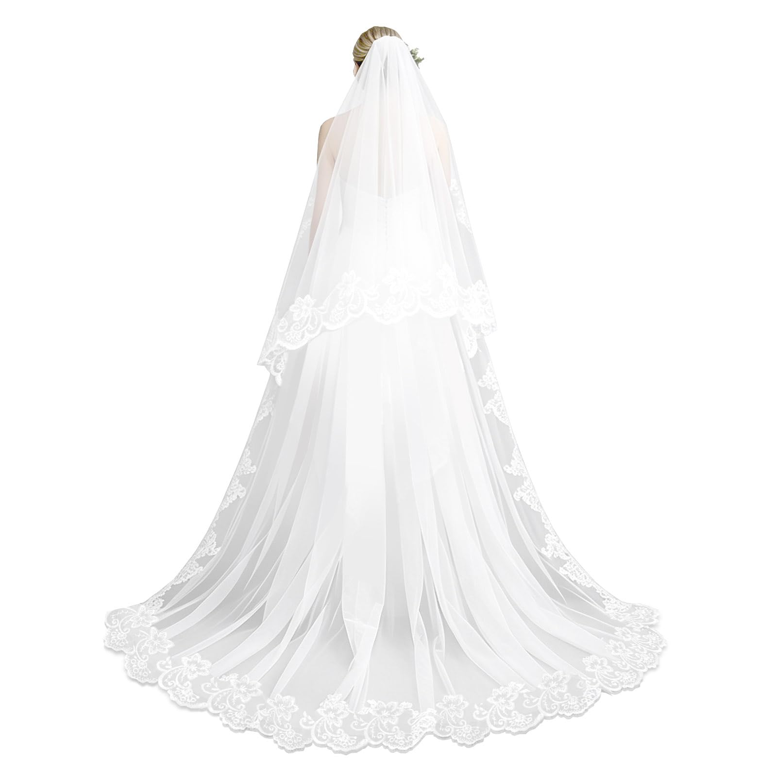 Yitexin 1 Tier Cathedral Length Wedding Veil with Lace Trim, 118 Inch Elegant Floral Long Bridal Veil, Gorgeous Bachelorette Party Decorations for Women Soft Tulle Hair Accessories (Beige)
