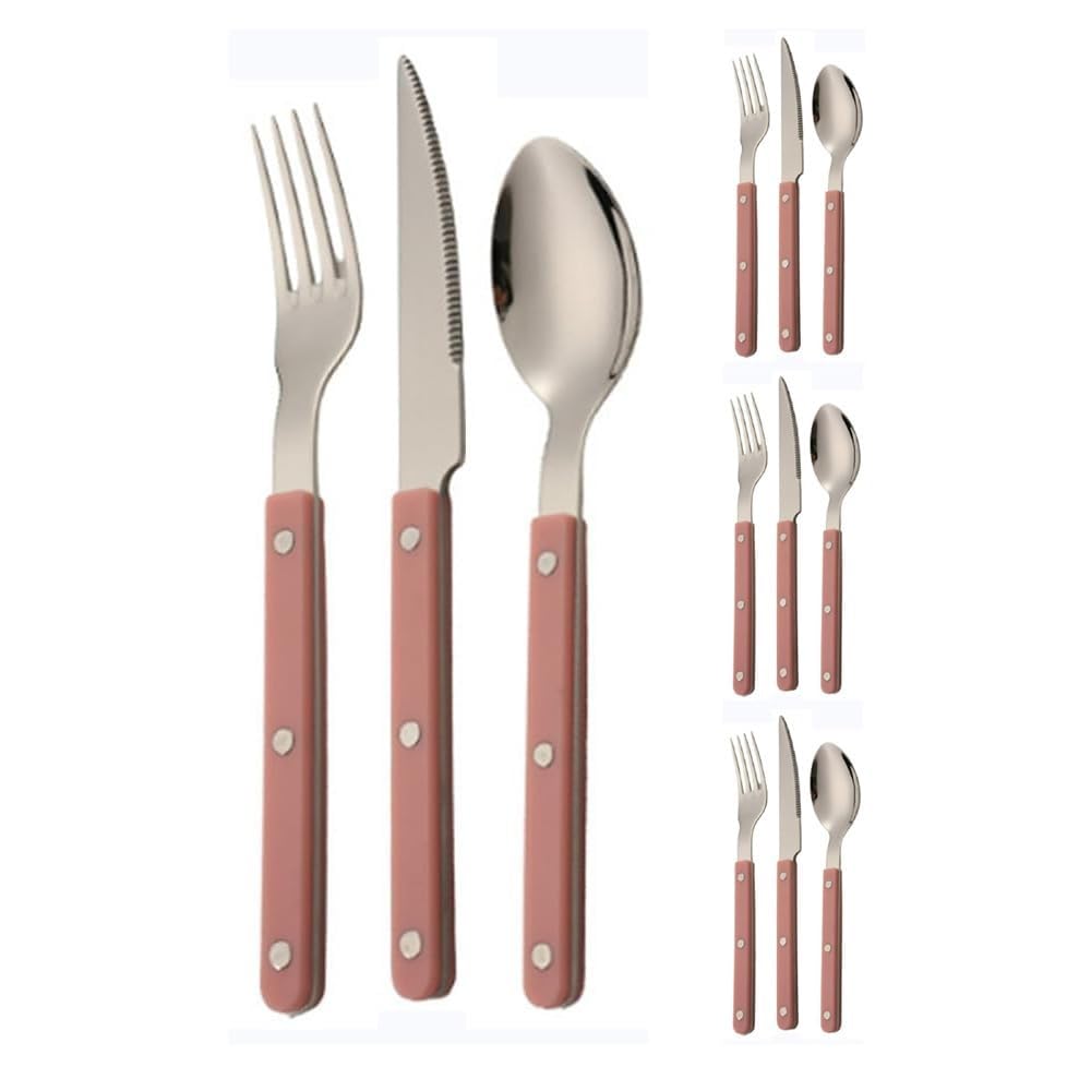 ABS Rivetto Manico Marmo Modello Cucina Acciaio Inox Argenteria Stoviglie Posate Coltelli Forchette Cucchiai Set Burro Coltello Dessert Cucchiaio Forchetta (Rosa,12 pezzi)