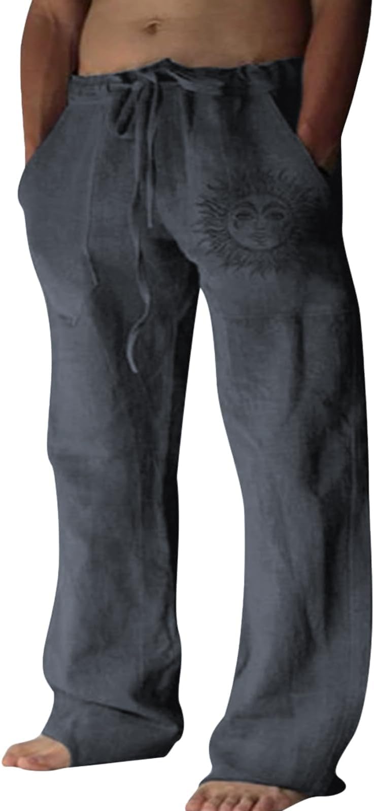 Cotton Linen Pants Men, Summer Beach Pants Loose Fit with Elastic Waist Drawstring