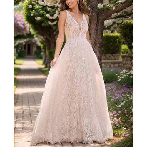 WIOJEIGO Women's Lace Boho Wedding Dress for Bride with Double Shoulders 2025 Bohemian Long A-Line Beach Bridal Gowns3