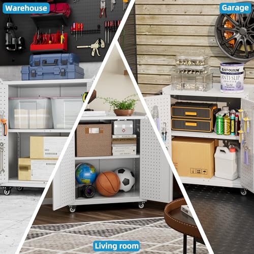 Image of Aobabo Metal Garage Storage Cabinet on Wheels,2 Doors Storage Cabinet with Wheels for Garage,Assembly Required,White
